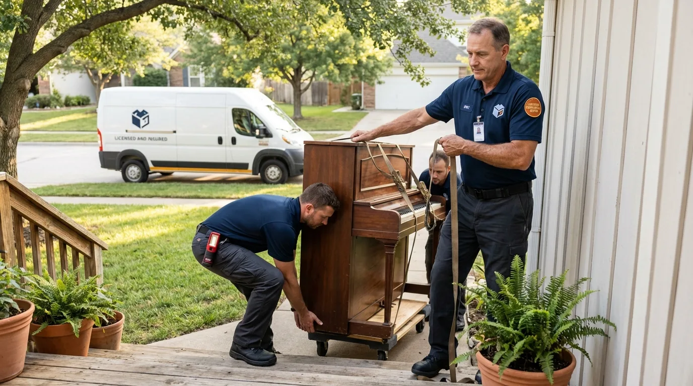 Licensed piano movers securing grand piano in Oaklyn, NJ